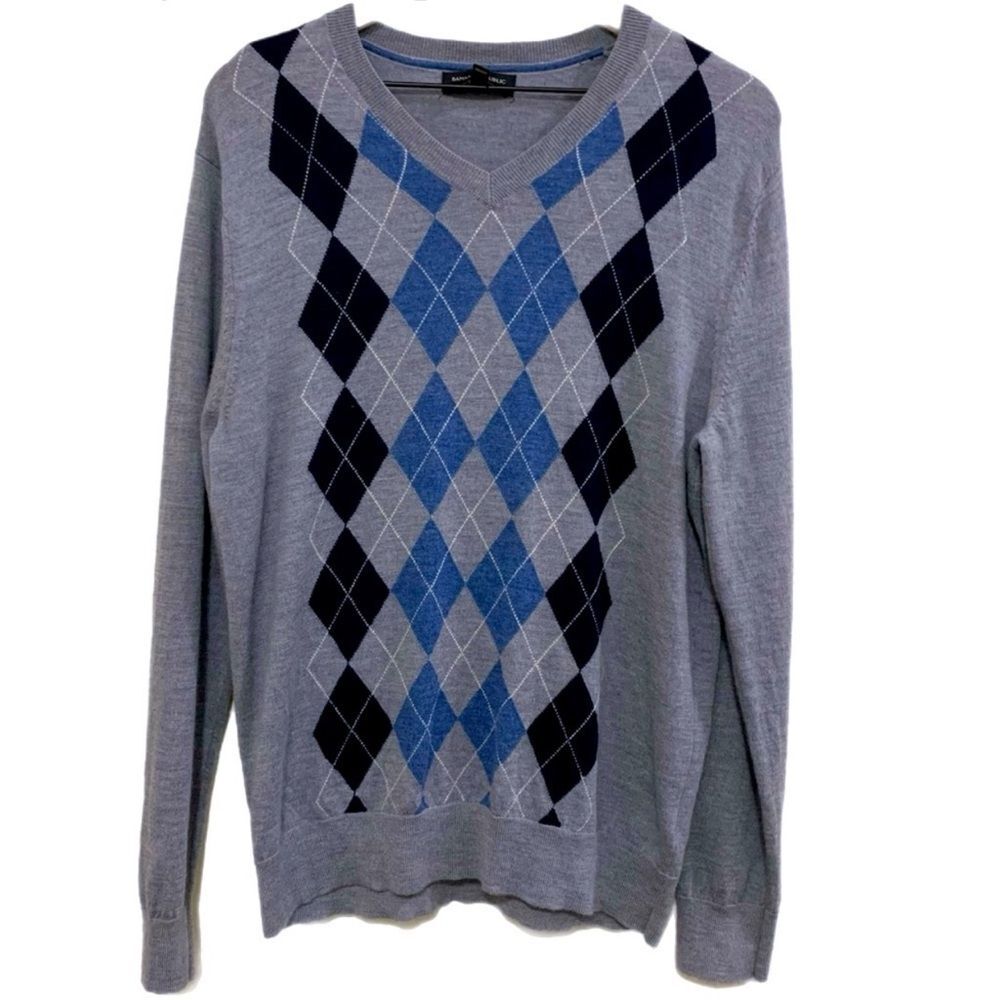 BANANA REPUBLIC 100% Merino Wool V-Neck 
 Argyle Sweater Gray Blue Black L.